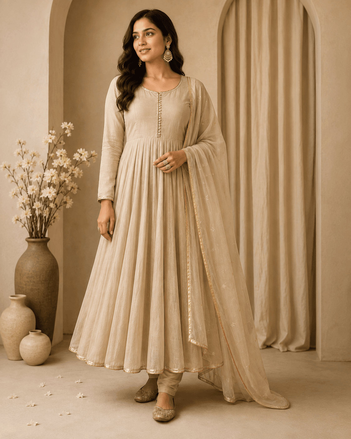 Sandstone Anarkali Kurta Set, Sandstone Beige, front view