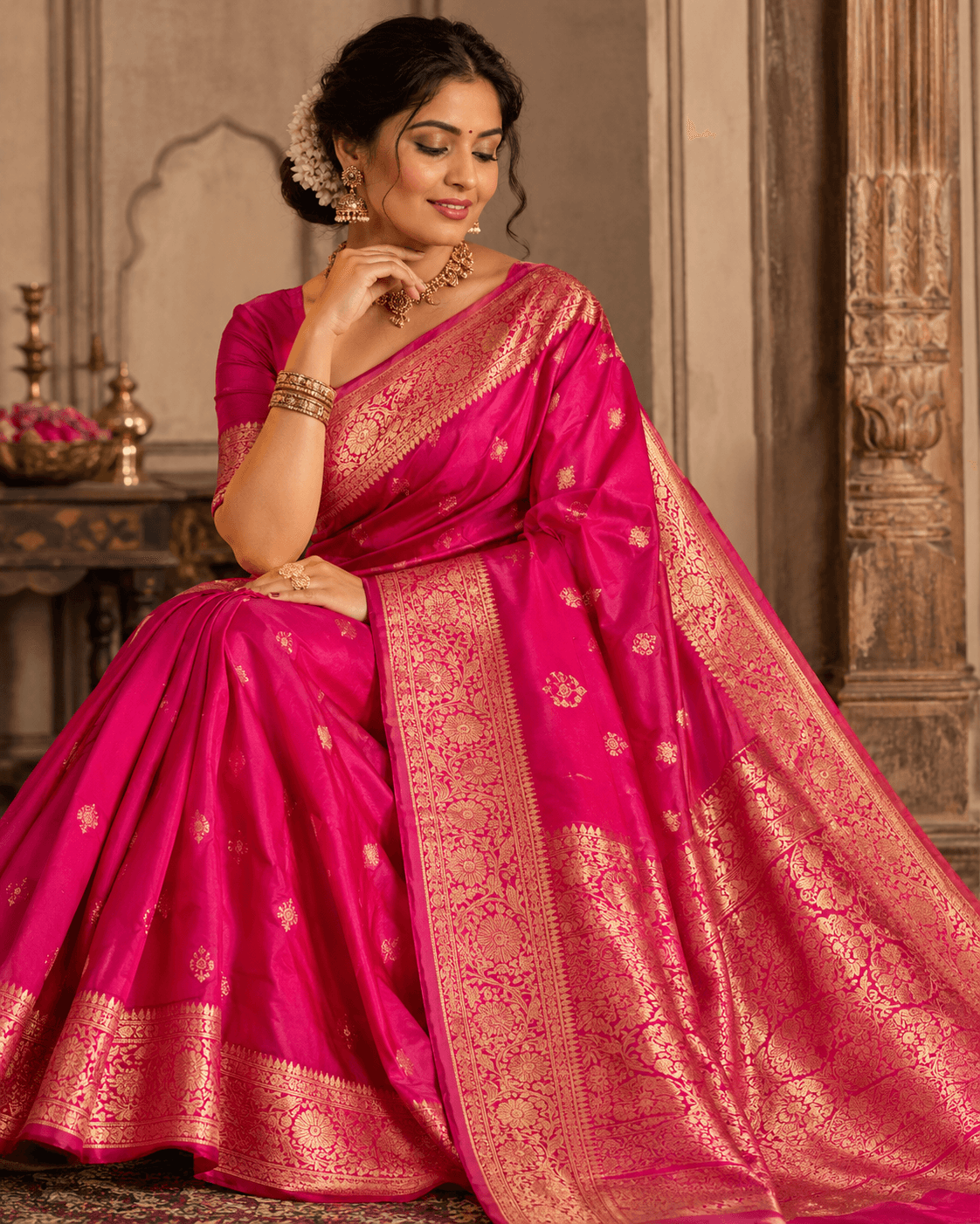 Rani Pink Silk Saree, Rani Pink, draped front view