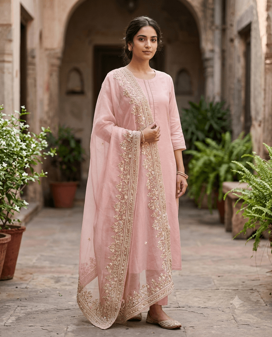 Blush Organza Dupatta Set, full look