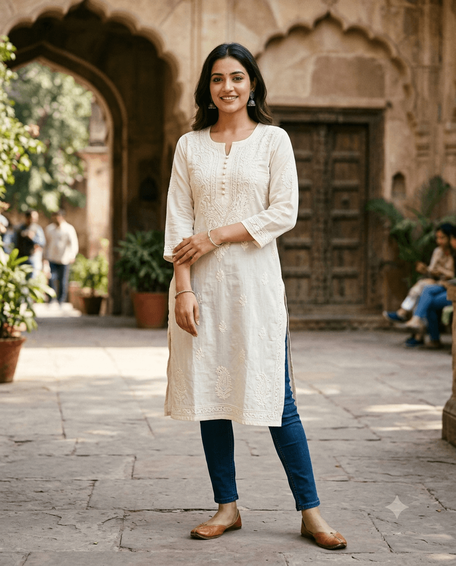 Ivory Chikankari Kurta, front view