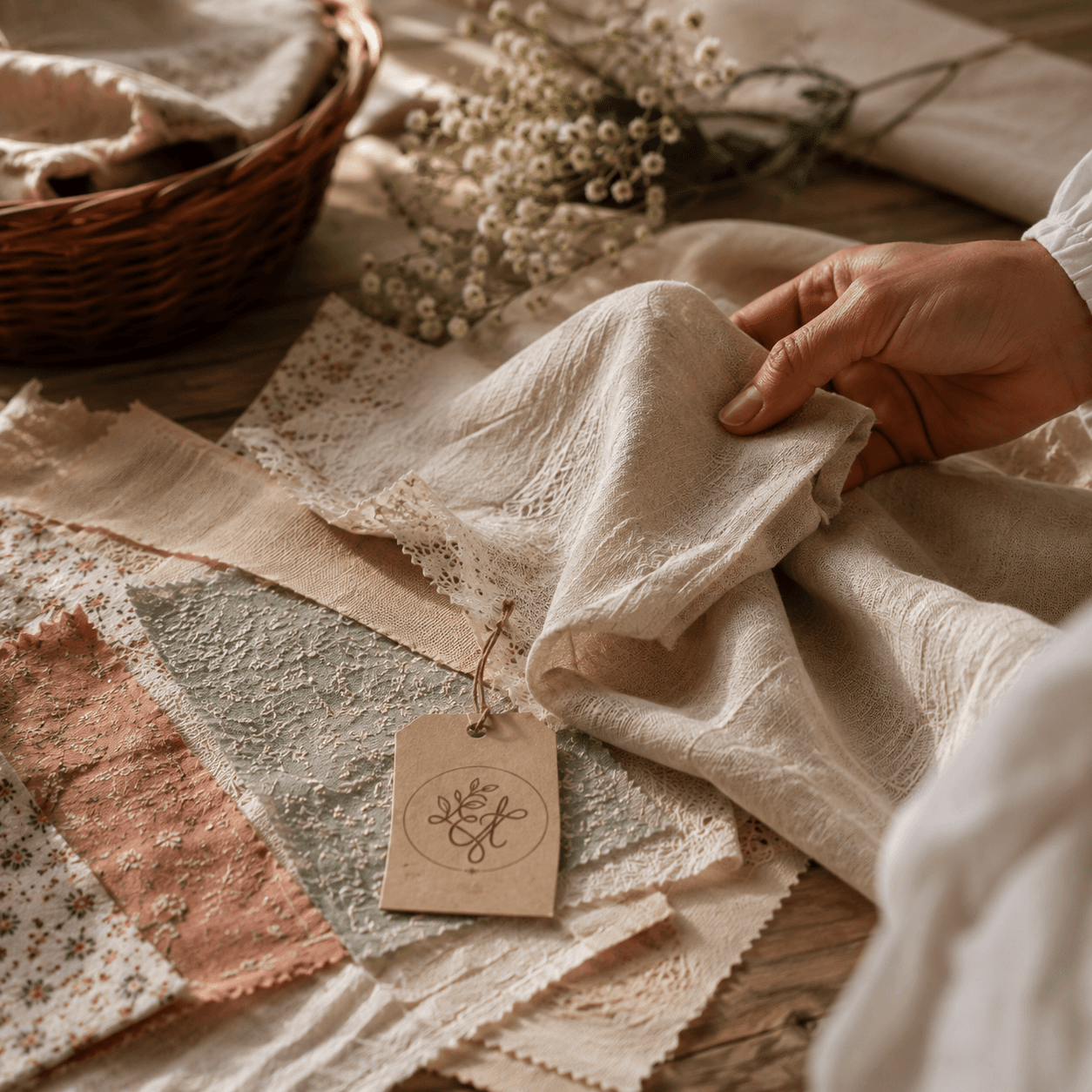 Fabric being chosen for a new Eden's Thread piece.