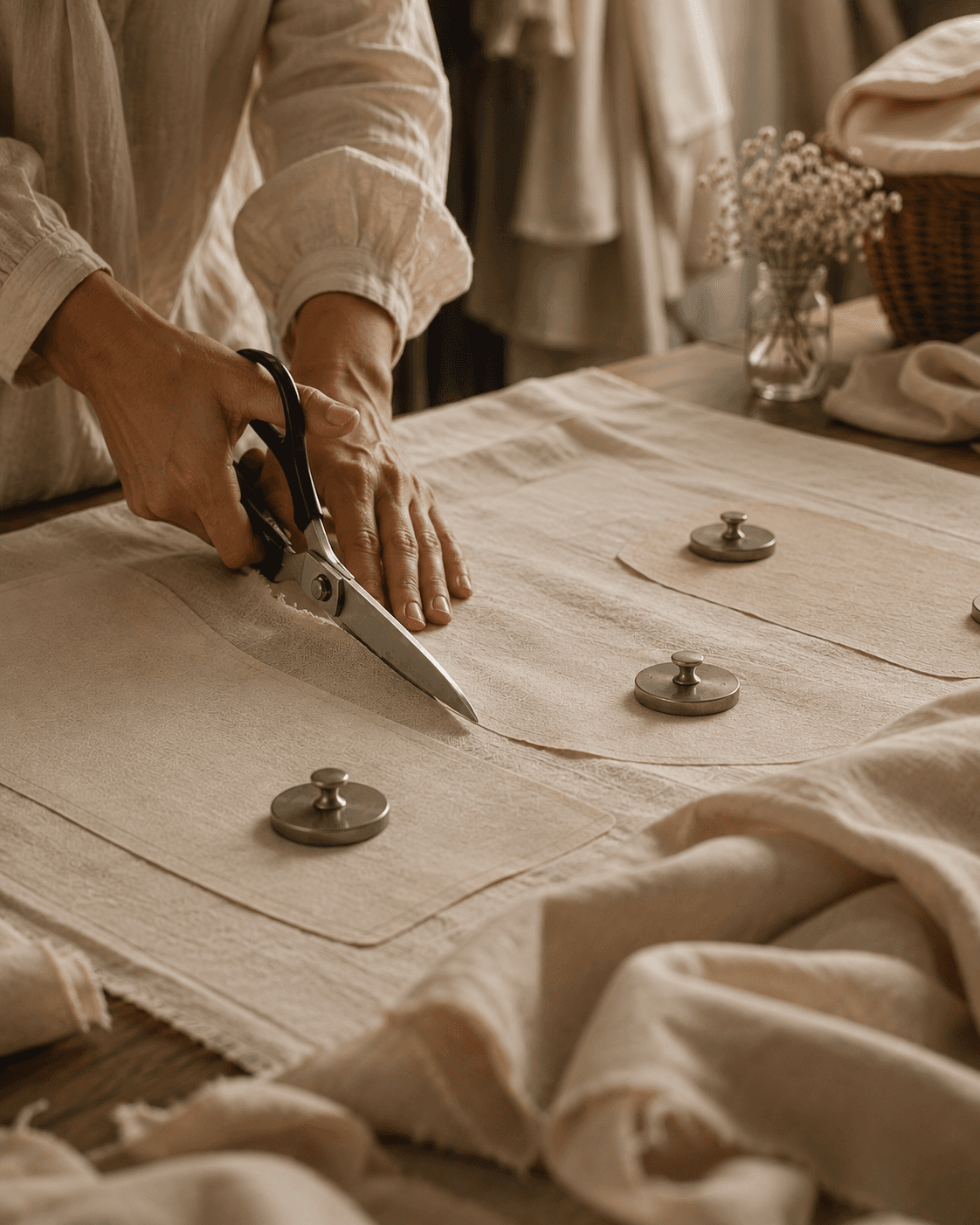 Fabric being cut in small batches in the Eden's Thread Atelier.