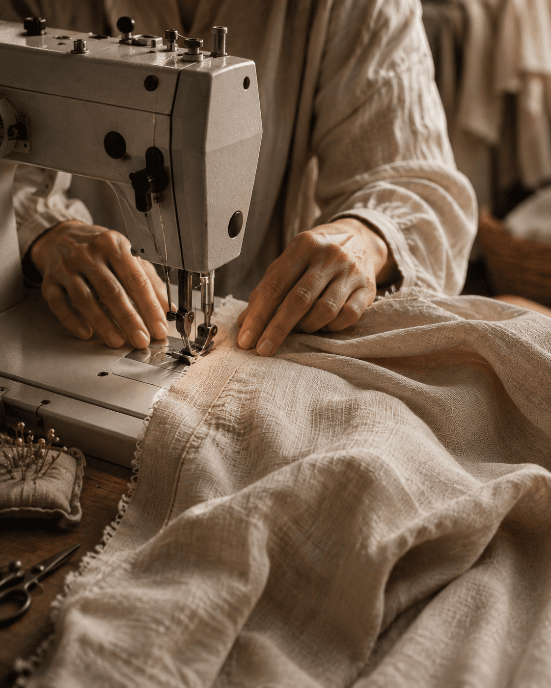 A garment being stitched by hand and machine in the Eden's Thread Atelier.