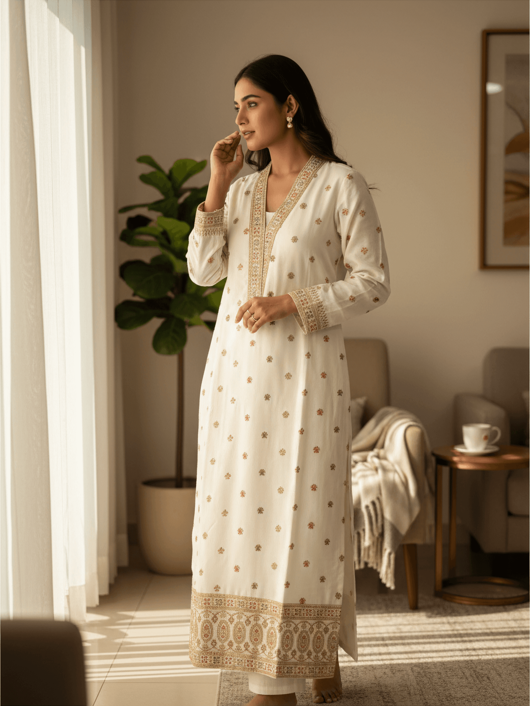 ET Elite Premium White V Neck Salwar Suit With Zari Work