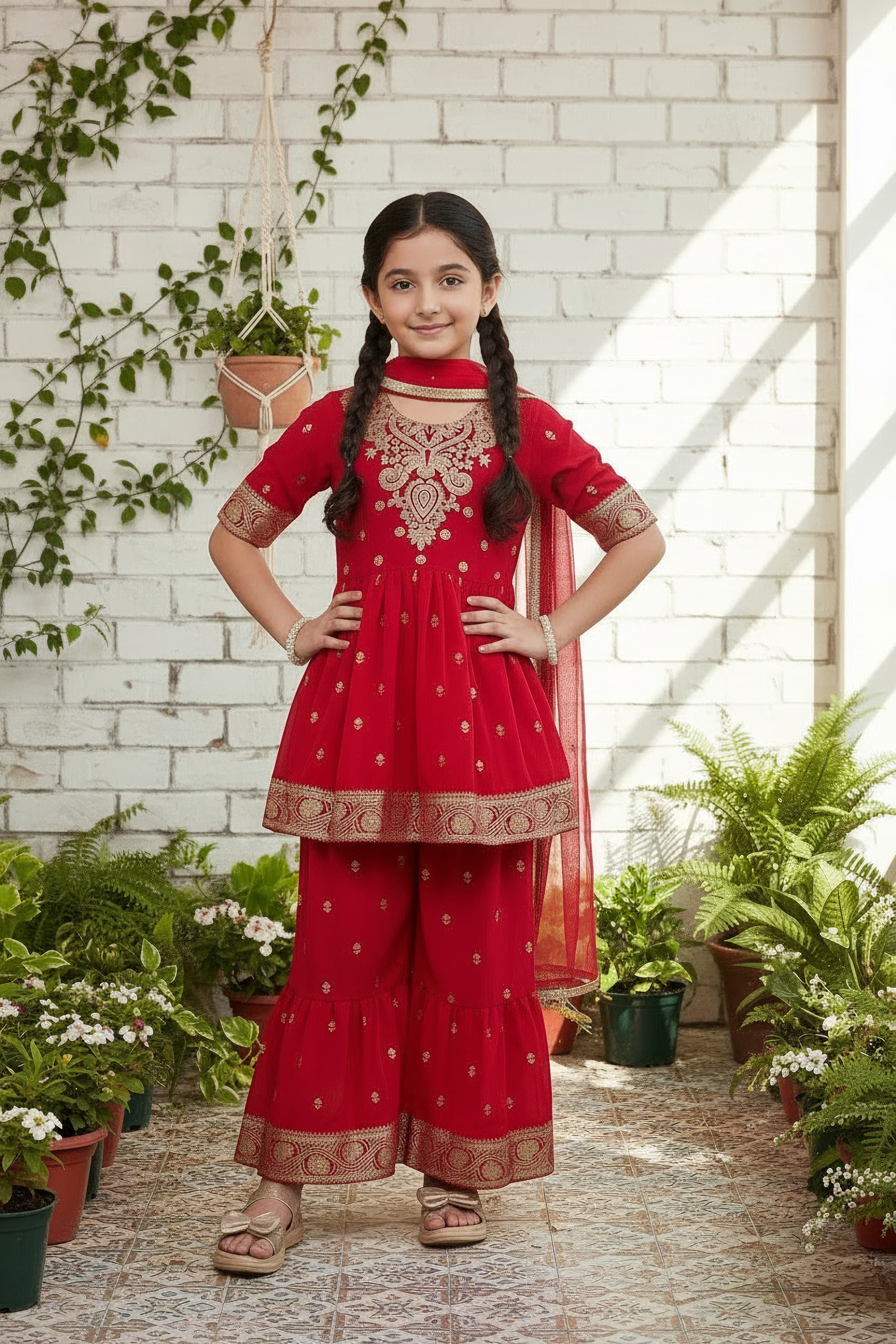 Girls Crimson Red Embroidered Peplum Kurta with Sharara & Dupatta Set