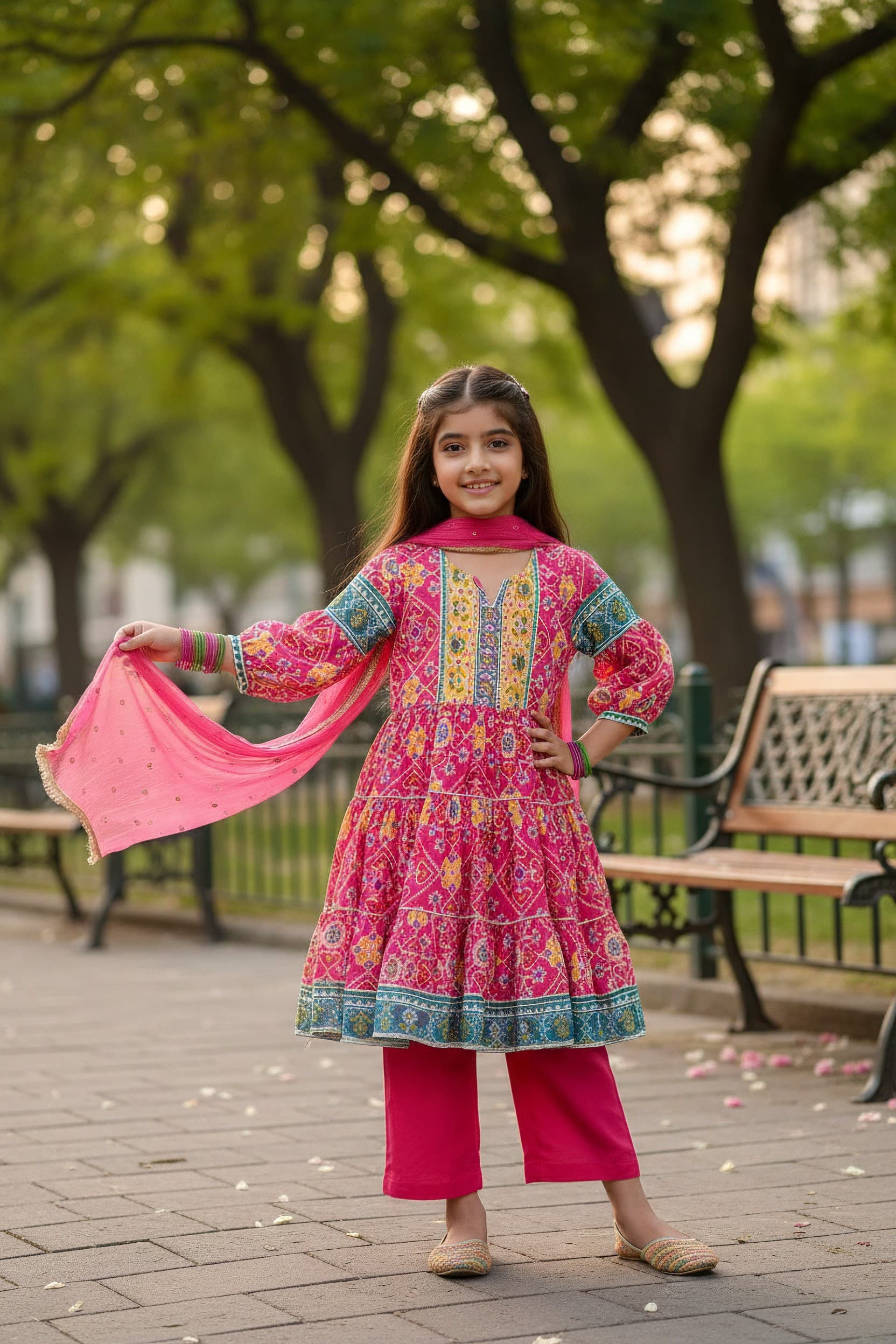 Girls Pink Bandhani & Patola Print Tiered Anarkali Kurta with Trousers & Dupatta Set