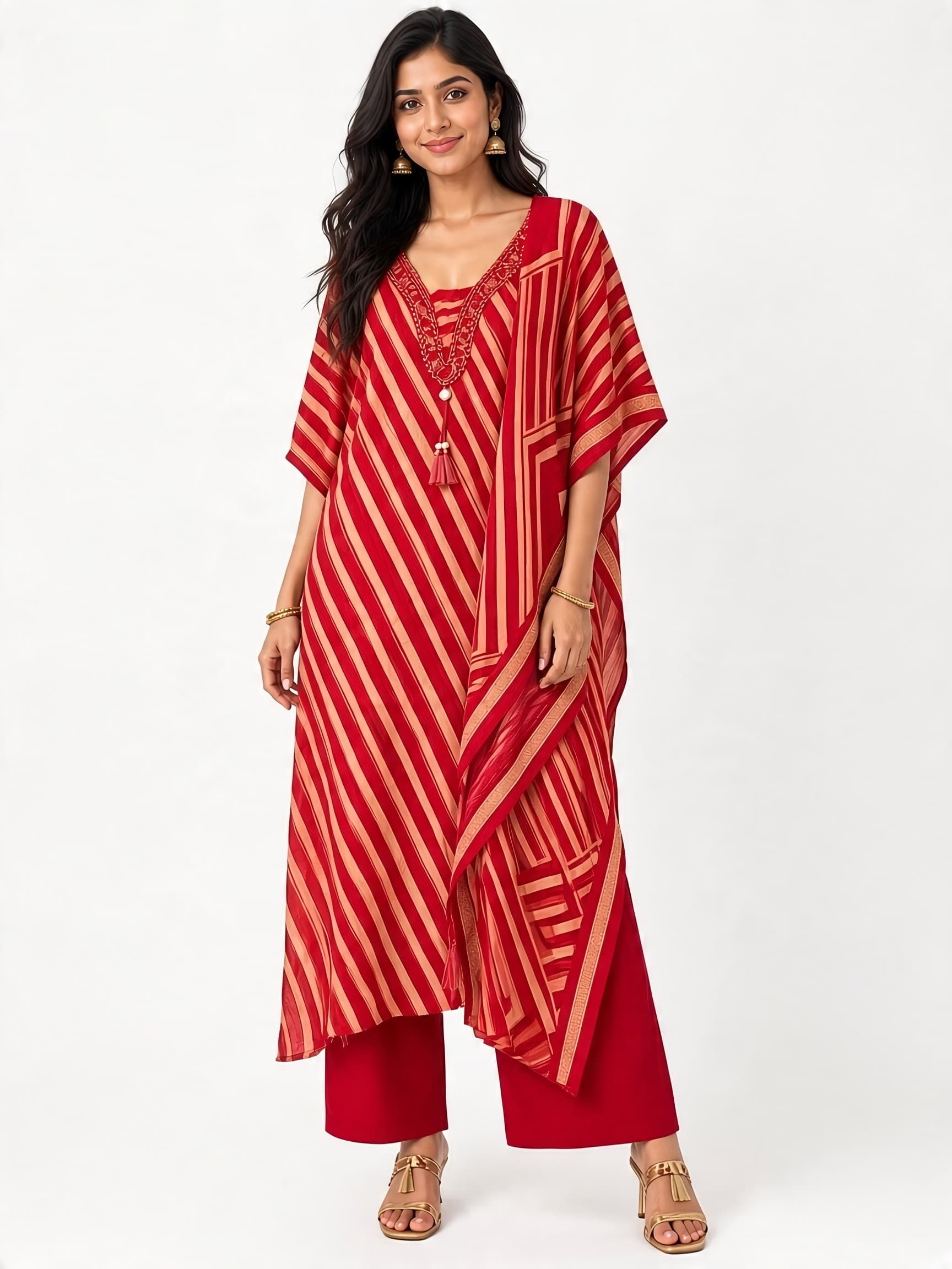 ET Select Red Leheriya Striped Kurta Set With Matching Solid Red Pants And A Geometric Printed Dupatta